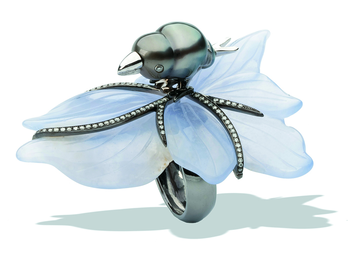 Bird on a Leaf Ring - 18K gold, diamonds, and Tahitian pearl on a chalcedony leaf.