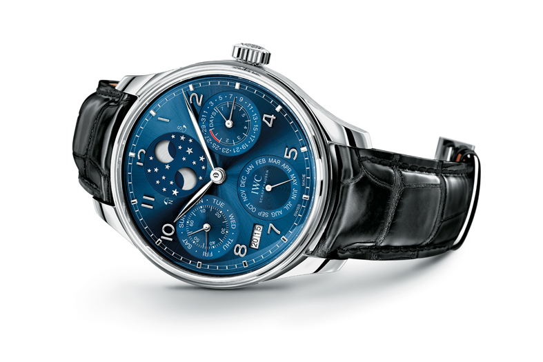 HANDOUT - The Portugieser Perpetual Calendar with a double moon (Ref. IW503401) from IWC Schaffhausen: case in 18-carat white gold, midnight blue dial and black alligator leather strap by Santoni with a folding clasp in 18-carat white gold. (PHOTOPRESS/IWC)
